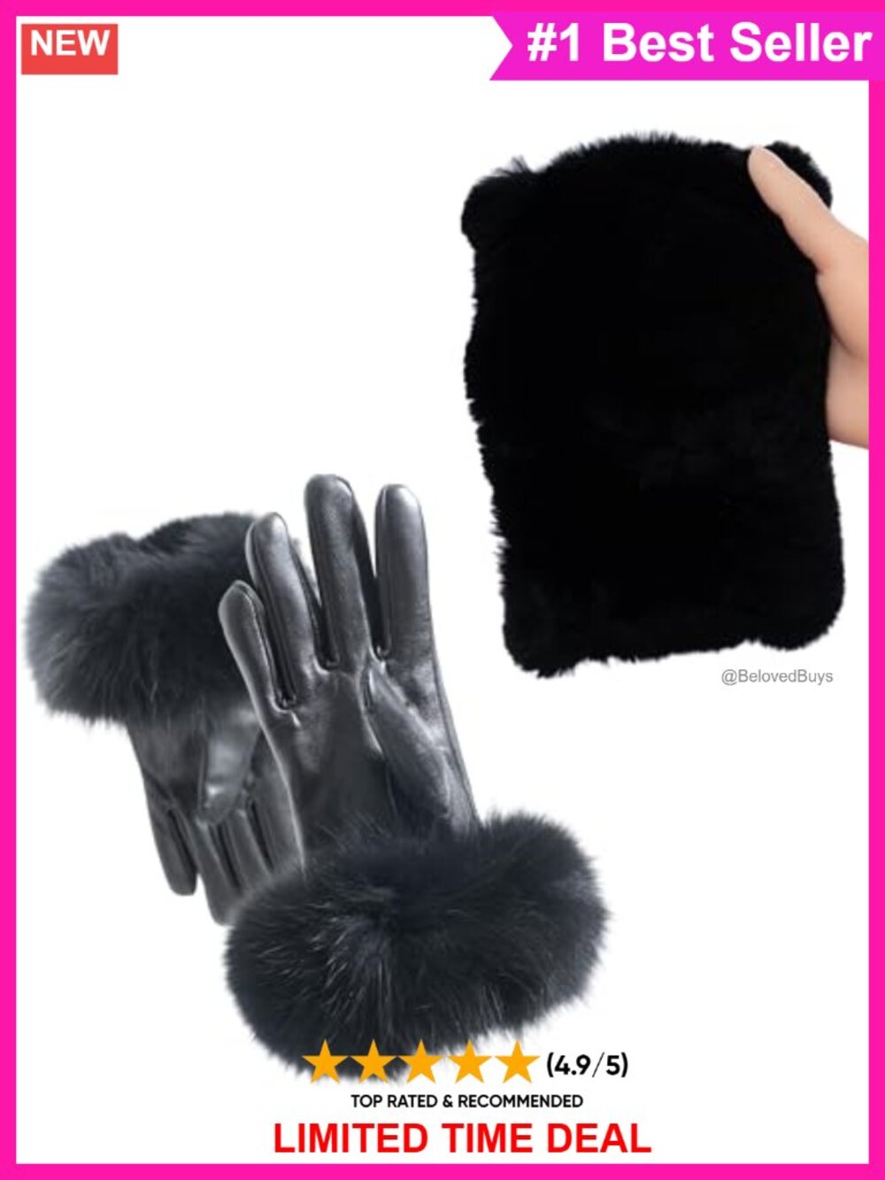Real Fur Headband & Lambskin Leather Touchscreen Gloves Set
